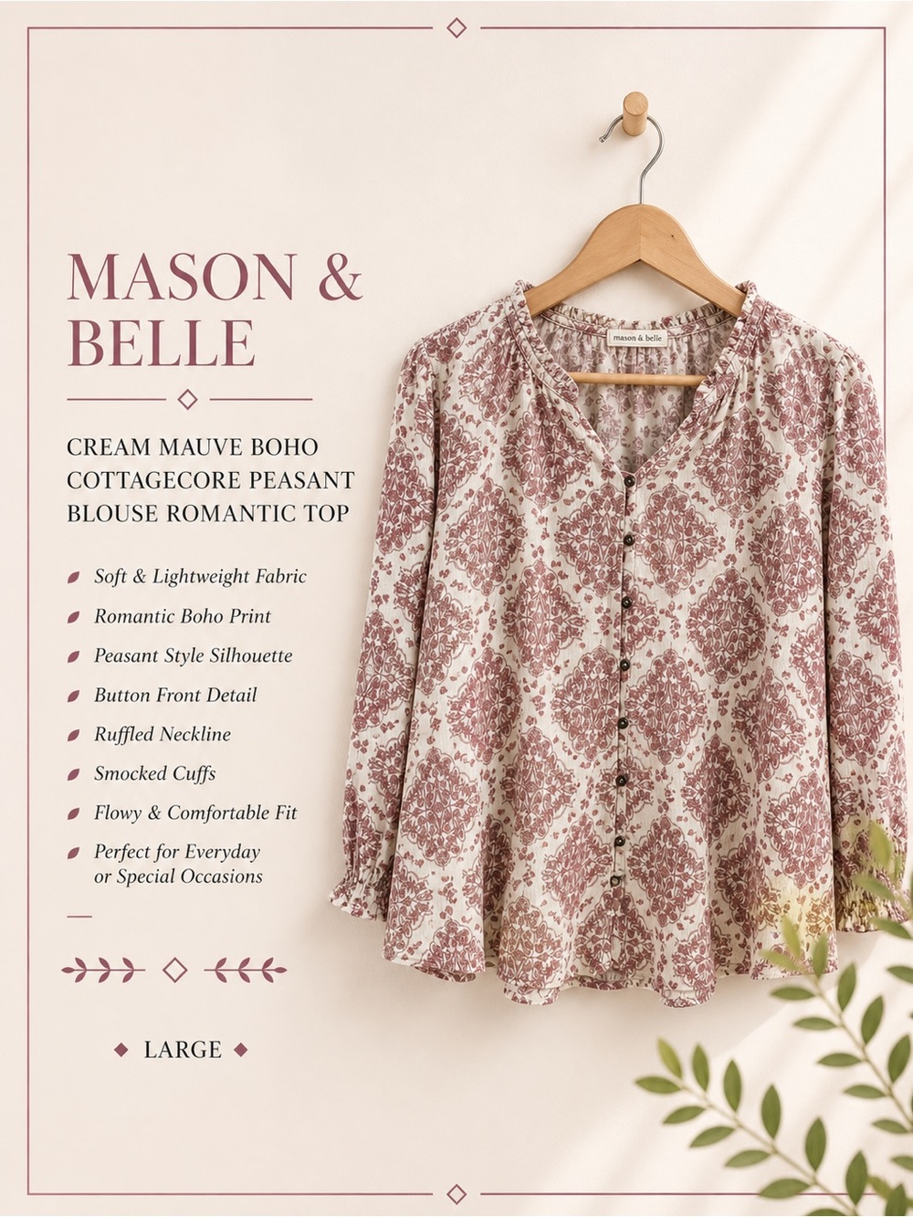 Mason & Belle Cream Mauve Boho Cottagecore Peasant Blouse Romantic Top Large